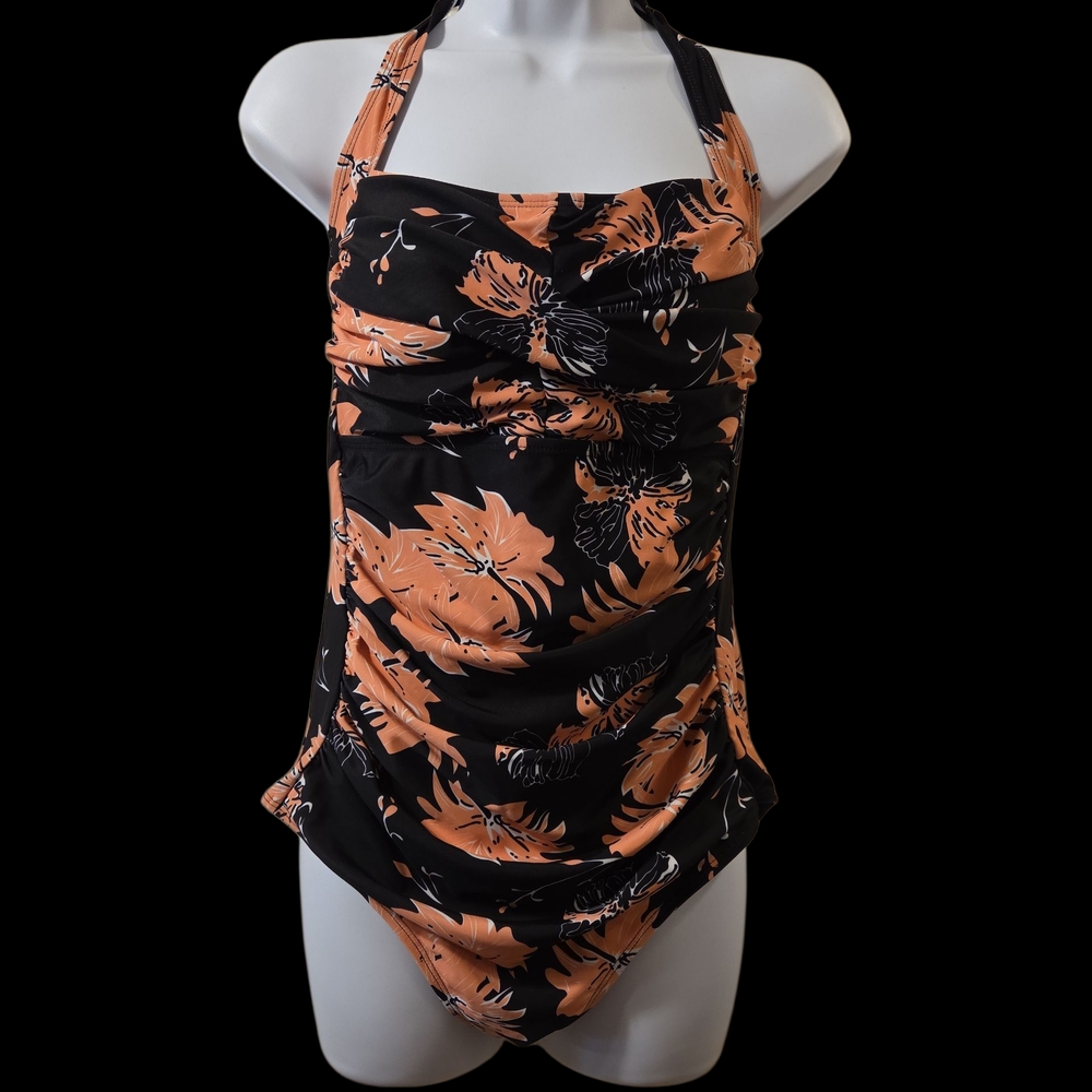 Floral Black and Orange One-Piece Swimsuit